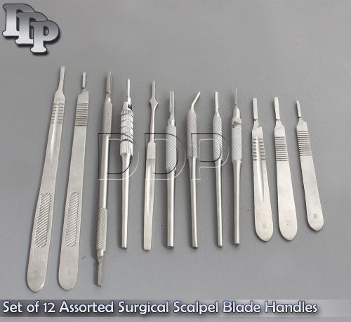 Set of 12 Assorted Surgical Scalpel Blade Handles Flat + Round #3 #4 #3L #4L #7
