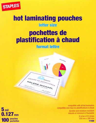 Staples letter size thermal laminating pouches, 5 mil, 100 pack(1231) for sale