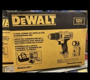 DEWALT DCK214F1 2-TOOL COMBO KIT DRILL, FLASHLIGHT &amp; 45 PC SCREWDRIVING SET NEW