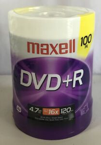 Maxell 100pk DVD + R 4.7 GB Go up to 16x 120 min mode SP Mode Up to 4 Hrs New