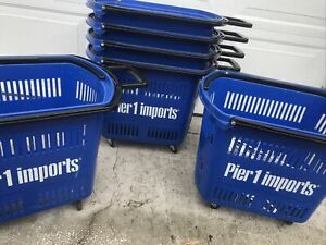 Lot Of  6 Pier 1 Imports BLUE PLASTIC ROLLING SHOPPING BASKET Rare Roll Great