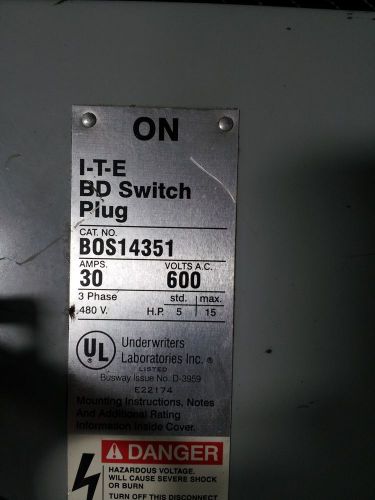 BOS14351 Buss Plug ITE BD switch plug 30 amp 600 Volt