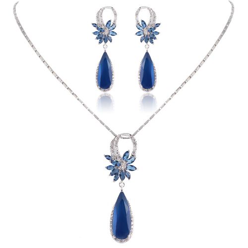 2014 trendy drop necklace earring set sapphire blue rhinestone crystal zircon for sale