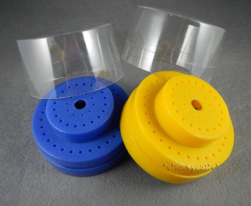 Blue/Yellow Dental Round Burs Block Holder Station With Lid - Plastic Holds