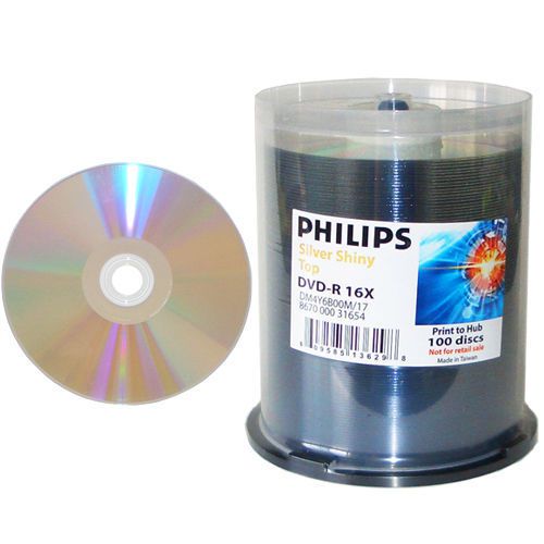 200 philips 16x dvd-r silver shiny thermal hub printable blank recordable dvd for sale