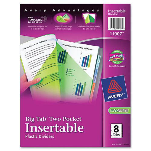 Avery AVE11907 Big Tab Dividers, Two Slash Pockets, 8-Tab, Assorted, 1 Set