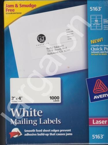 Avery white 2x4 mailing labels 5163 box 1000 quick peel new address for sale