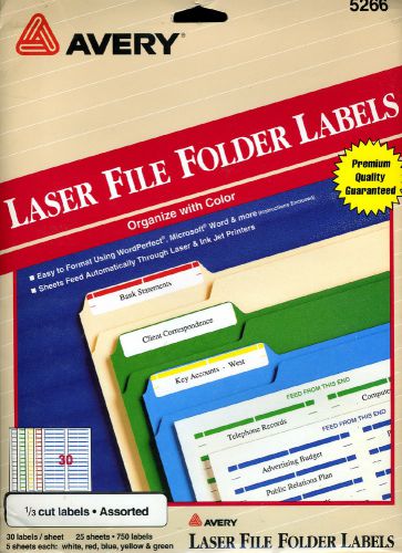 Avery 5266 Assorted Laser File folder Labels 4 PKS of 25 &#034;1/3 cut&#034; 3000 Total