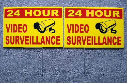 (2) 24 hour video surveillance coroplast signs 12x18 w/stakes new yellow for sale