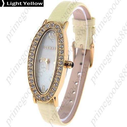 Oval Analog Rhinestones Genuine Leather Quartz Wristwatch Women&#039;s Light Yellow