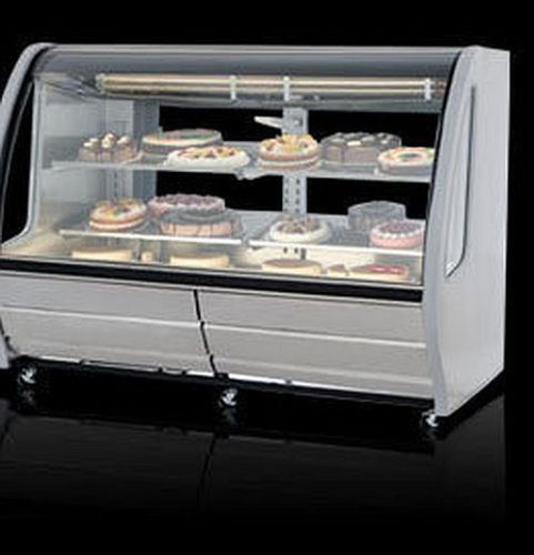 New white 74&#034; curved deli bakery display case refrigerated or dry / with casters for sale