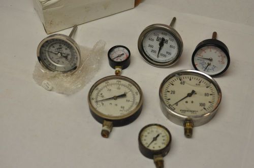 (7) GAUGES PRESSURE TEMPERATURE PSI LOT New Used Steam Punk NICE!