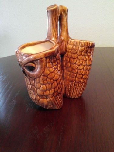 Vintage dual Owl Pencil holder made by Frankies desk ornament decoration ceramic