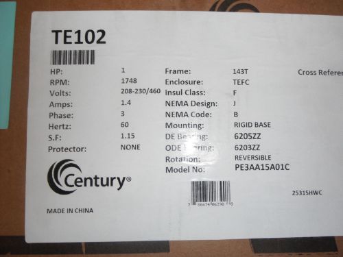 CENTRURY   TE102  ELECTRIC MOTOR  1 - HP   1748- RPM    143T-FRAME / NEW IN BOX
