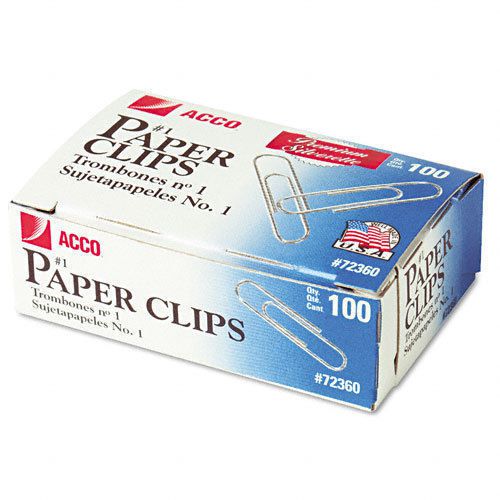 Acco smooth finish premium paper clips, #1, silver, box of 100 (new), mfg #72360 for sale