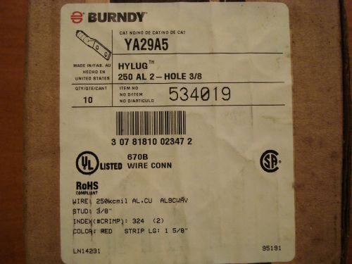 Sealed Box of 10 Burndy YA29A5 HYLUG 250 Aluminum 2-HOLE 3/8&#034;