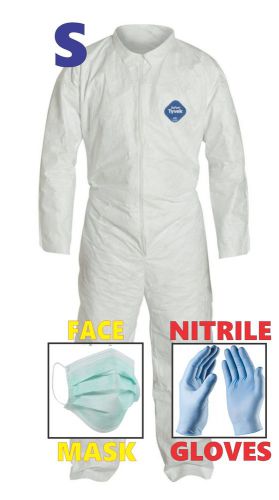 Small Tyvek Protective Suit Hazmat Clean-Up Chemical Nitrile Gloves &amp; Face Mask
