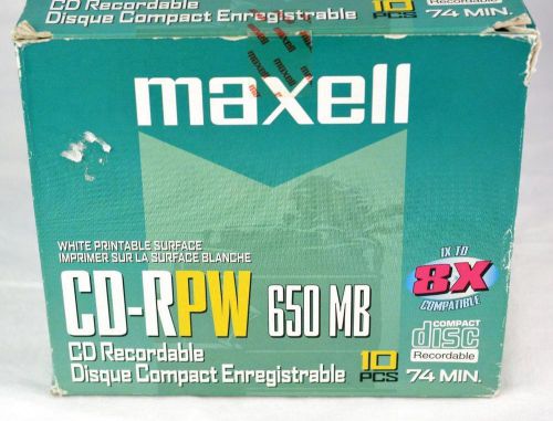 Maxell CD RPW 650 MB 1X to 8X  Printable Surface 10 Pack 74 Min # 623510 Sealed