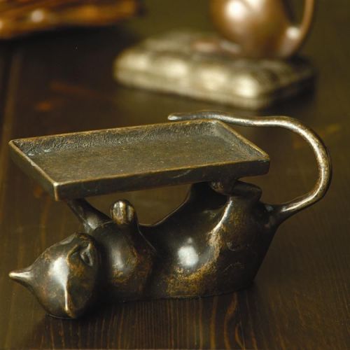 Bronzed Finished Playful Cat Business Card Holder Brass Made Office Home Decor