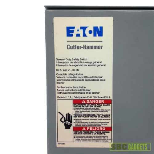 Eaton cutler hammer safety switch - 60a, 2p, 240v, dg, non-fusible (dg222urb) for sale