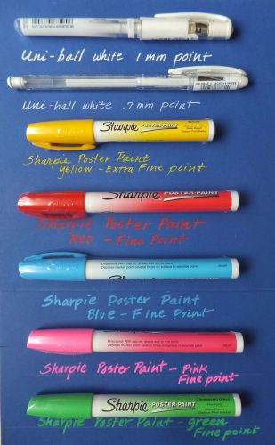Uni-ball signo um-153 white, sharpie poster paint markers, 7 pens for dark paper for sale