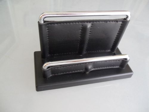 Black Faux Leather &amp; Chrome Desktop BUSINESS CARD HOLDER -  Stylish