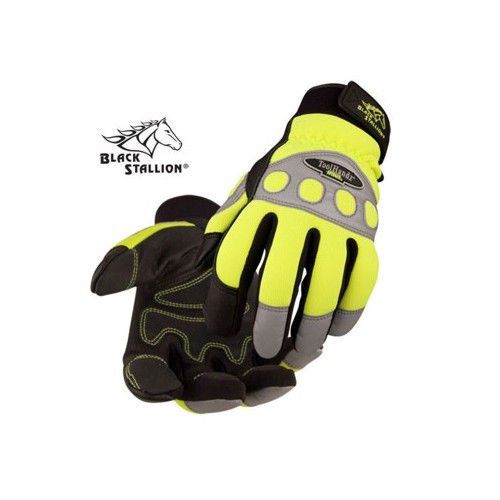 BLACK STALLION Spandex/Grain Pigskin Reinforced Hi-Vis Mechanic&#039;s Gloves 99HV LG