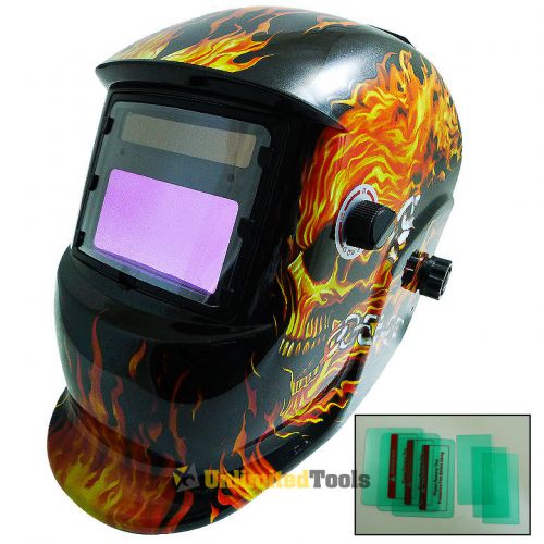 Flame/Skull Solar Powered Auto Darkening Welding Helmet Glossy ANSI CE + 4 Lens