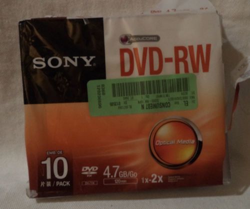 Sony 10DMW47SS DVD-RW, 2X Max Speed, 4.7GB, 10/PK, Branded Surfaces