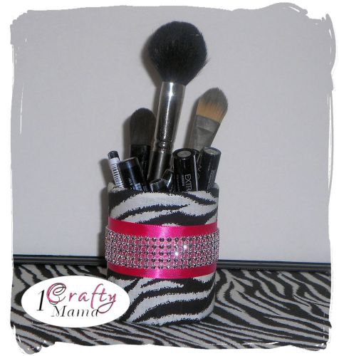 BLING ZEBRA PRINT Hot Pink Recycled Tin Can Pencil Pen Cup Desk Accessory