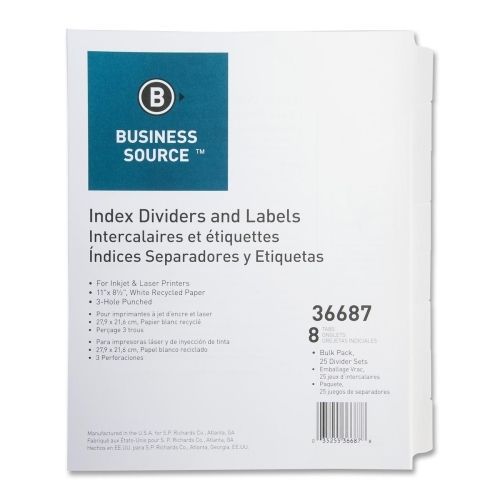 BSN36687 Index Dividers, 3HP, 8-Tab, 25 ST/PK, 11&#034;x8-1/2&#034;, White