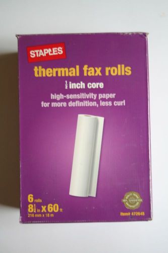 NEW Staples Thermal Fax Roll 1/2 inch core 6 rolls 8.5 &#034; X 60 feet paper 472645