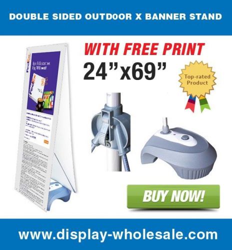 Double sided outdoor x banner stand with water fill base and(2) 24&#034; x 69&#034; prints for sale