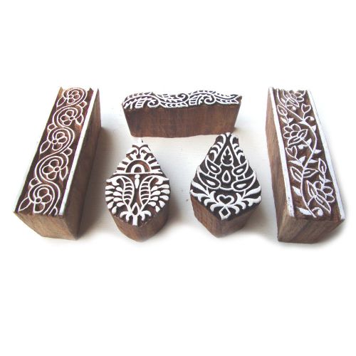 Hand carved beautiful floral designs block printing wooden tags (set of 5) for sale
