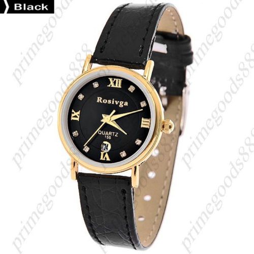 Gold Rhinestones PU Leather Date Quartz Lady Ladies Wristwatch Women&#039;s Black