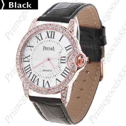 Synthetic leather rhinestones wrist lady ladies quartz wristwatch women&#039;s black for sale