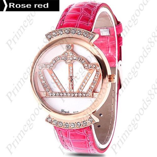 Crown Round Rhinestones PU Leather Ladies Quartz Wristwatch Women&#039;s Rose Red