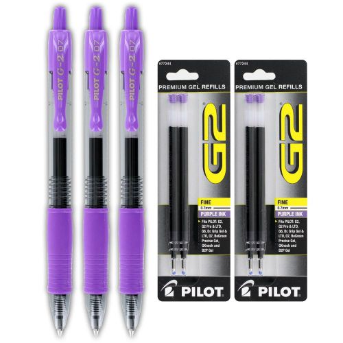 Pilot G2 Retractable Gel Ink Pens, Fine Point 0.7mm, Purple Ink 3/Pack w/Refills