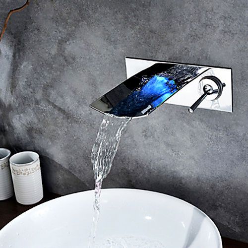Modern Wall Mounted Chrome LED Waterfall Bathroom Sink Faucet Tap Free Shipping