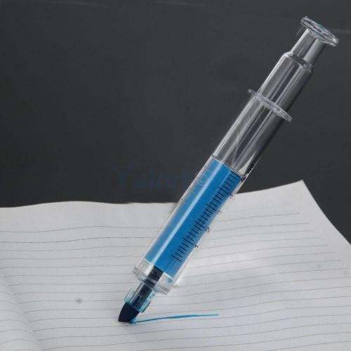 5Pcs Blue Ink Color Mini Syringe Shape Highlighter Transparent &amp; Blue
