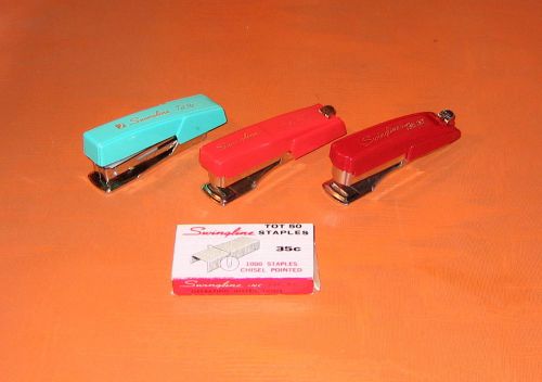Three Vintage Swingline Tot 50 Staplers - Aqua &amp; Red