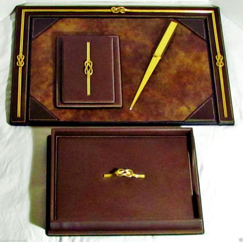 1970s vintage gucci 6pc leather&amp;gold desk set~blotter+paper tray+note pad+opener for sale