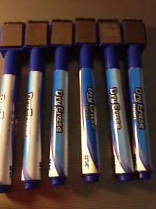 set of 6 magnetic BLUE dry erase markers fine point erases clean &amp; easy