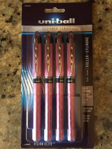 Uni-ball Vision Elite Designer Pink Rollerball Pens, Bold, Black Ink, Pack of 4