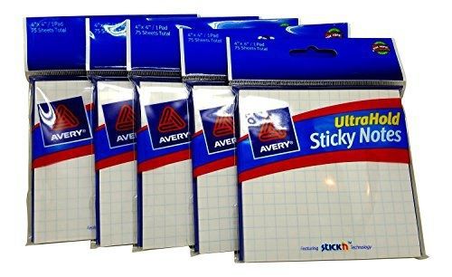 5pk avery ultra hold sticky notes office grid pattern graph memo pad 4&#034;x4&#034; white for sale