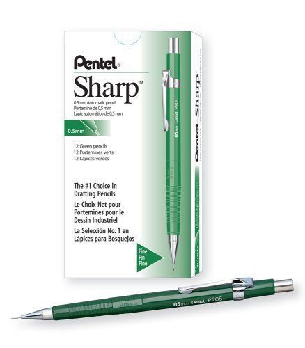 Pentel sharp automatic pencil, 0.5mm lead size, green barrel, box of 12 (p205d) for sale