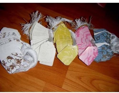 Lot 100 damask print paper merchandise price tags with white string blue pink for sale