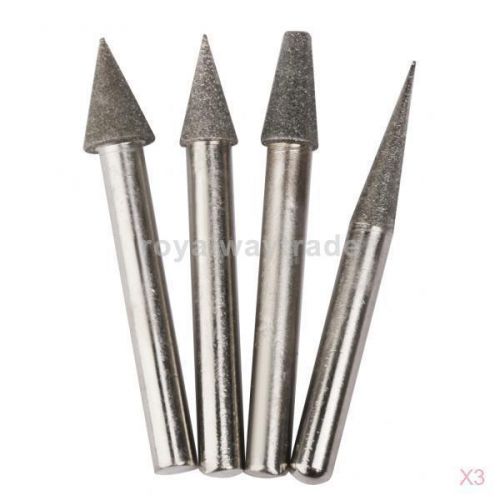 3x 4pcs 6mm Shank Diamond Coated Cone Shape Grinding Burrs Bits 6/8/8/10mm