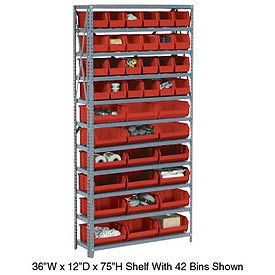 Open Bin Shelving W/11 Shelves &amp; 60 Red Bins, 36x12x73