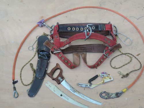 Tree climbing harness saddle with flipline, ascender, hand saw, fig. 8 descender for sale
